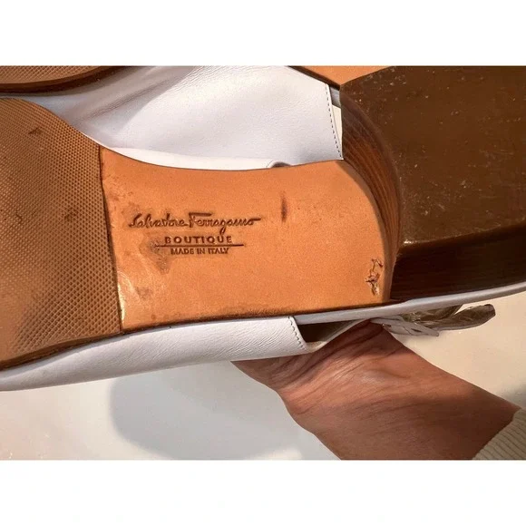 Salvatore Ferragamo White Leather Slingback Heels Gold Buckle Women's Size 9.5 B - Picture 11 of 15